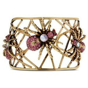 Betsey Johnson Antiqued Gold Tone Pink AB Crystal Spider Cuff Bracelet 2" wide